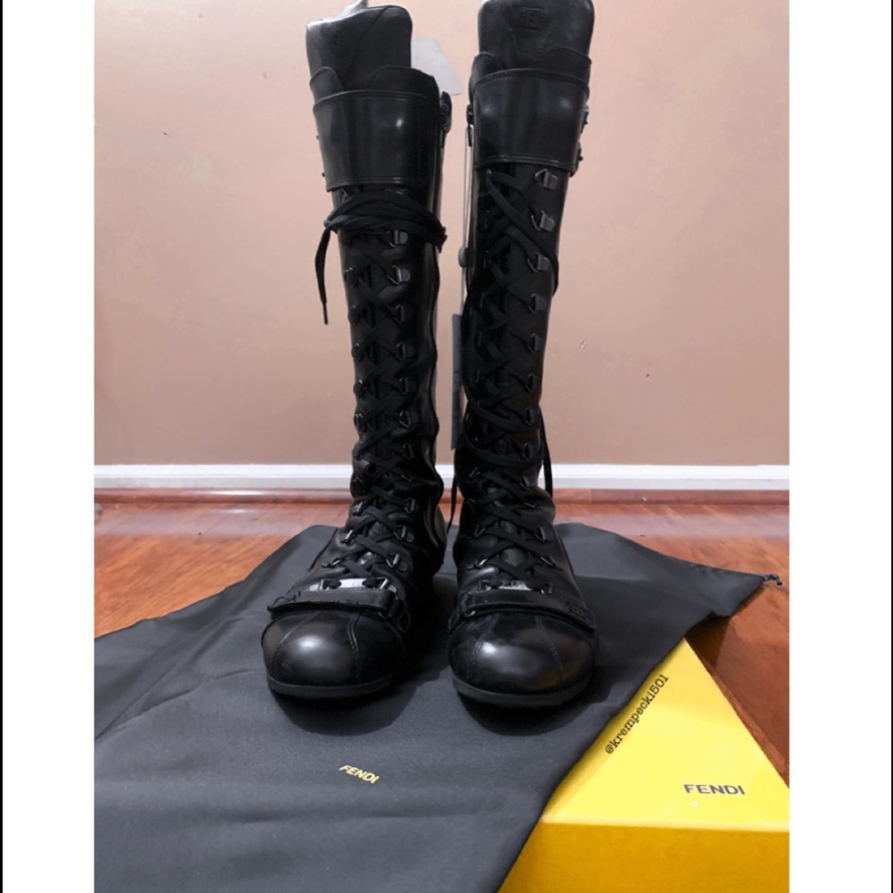 FENDI Black Leather Lace-Up Moto Boots ⭐️AUTHENTIC - Picture 2 of 7